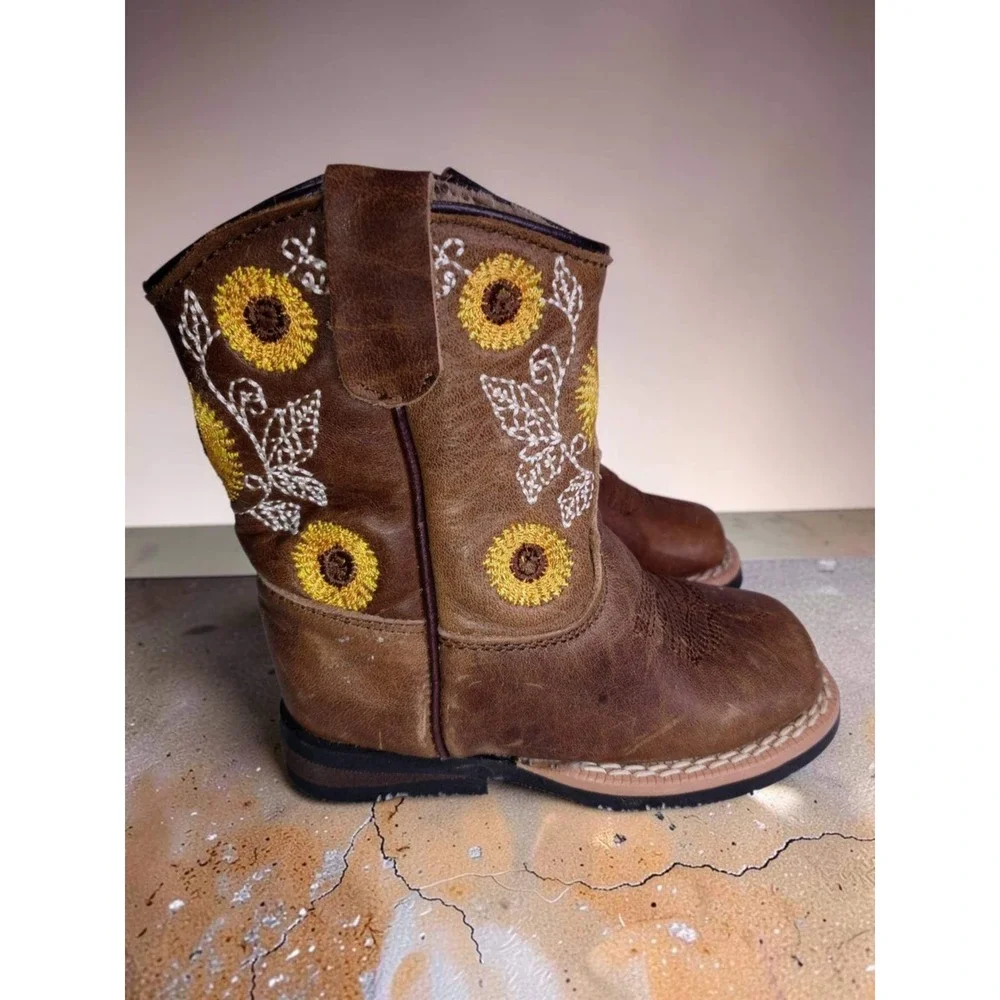 Kids Brown Sunflower Embroidered Western Cowboy Boots Square Toe Size 7 Toddler